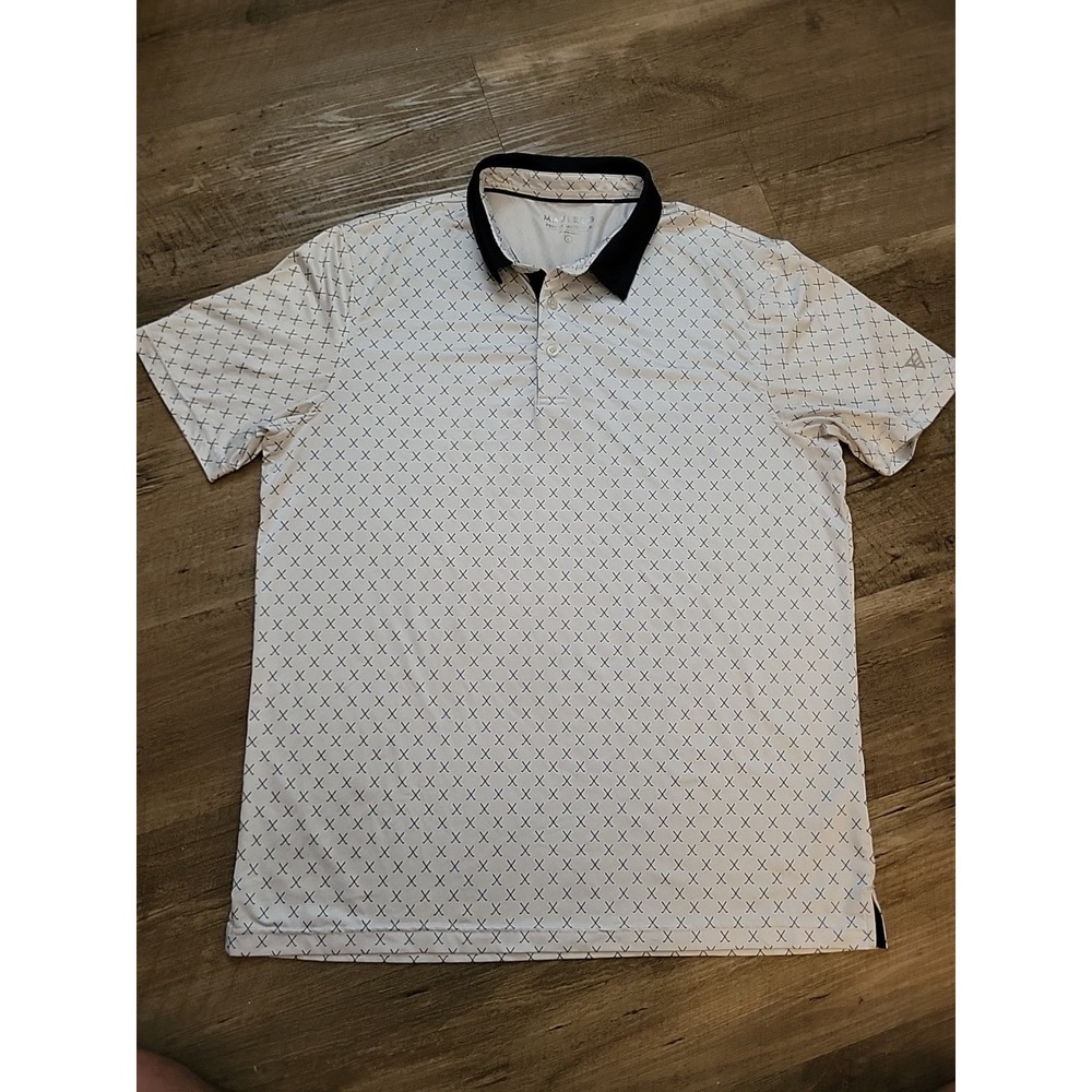 MAELREG Performance Polo White/Navy All Over‎ Golf Club Print Shirt Mens Large